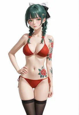 Green Haired Beauty with Rose Tattoos
