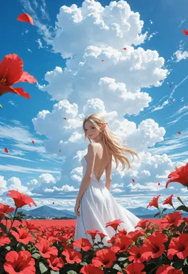 Elf Maiden in Red Floral Fields