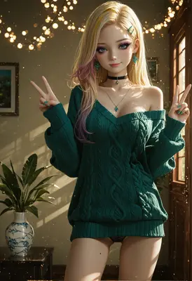 Cozy Blonde Girl Giving Peace Signs