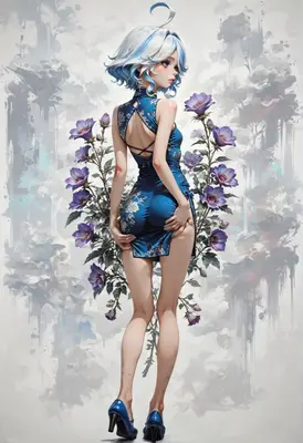 Blue Cheongsam Girl with Floral Backdrop