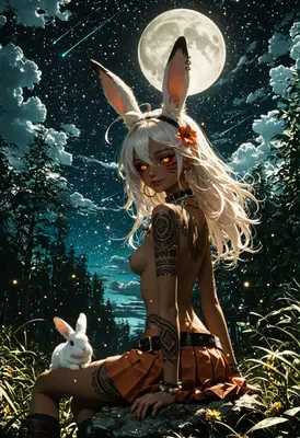 Moonlit Rabbit Girl Under Starry Sky