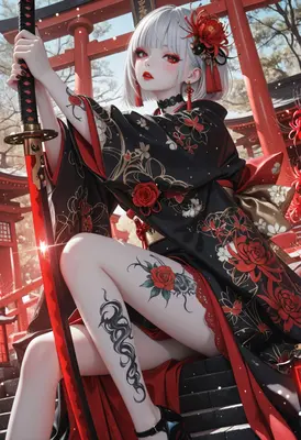 Tattooed Samurai Girl at Shrine