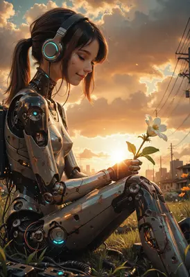 Cyborg Girl Holding a White Flower