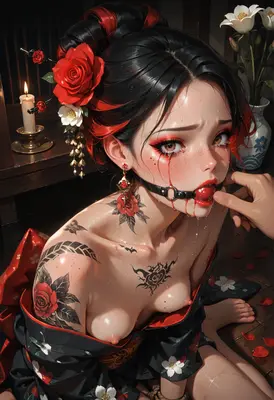 Tearful Geisha with Rose Tattoos