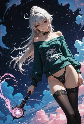 Silver Haired Sorceress in Night Sky