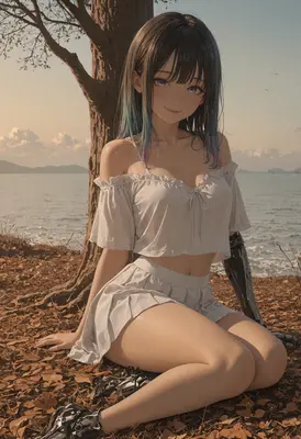 Cyborg Girl Resting by the Coast