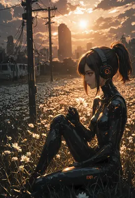 Cyborg Girl Resting in Golden Fields
