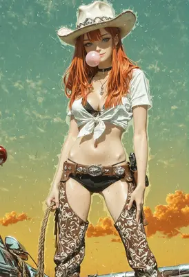 Redheaded Cowgirl Blowing A Bubble