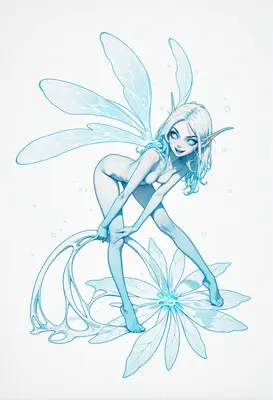 Ethereal Blue Fairy Resting on Flower