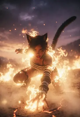 Fiery Cat Girl Unleashing Power