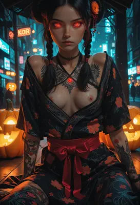 Neon Halloween Enchantress with Glowing Eyes