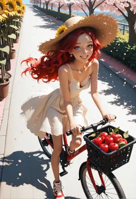 Summer Girl Cycling With Fresh Apples