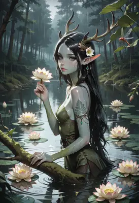 Forest Spirit Among Sacred Lotus Flowers