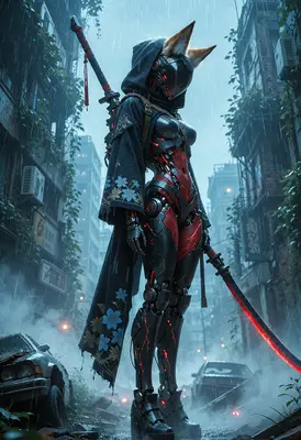 Cybernetic Kitsune Ronin in Rain