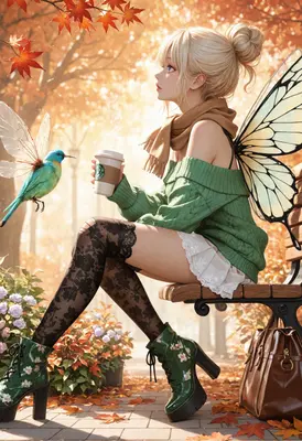 Autumn Fairy Enjoying Morning Coffee