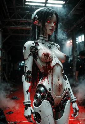 Damaged Cyborg in Dark Industrial Ruins