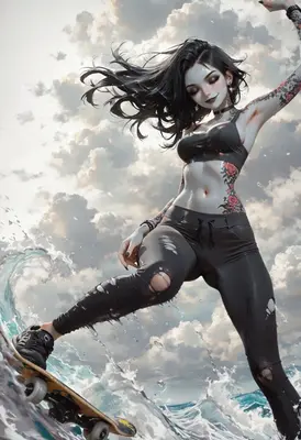 Goth Skater Riding The Ocean Waves