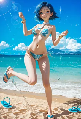 Cheerful Blue Haired Girl at Beach