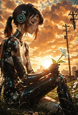 Cyborg Girl Finding Peace at Sunset