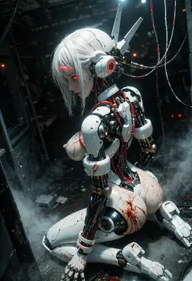 Damaged Android in Dark Industrial Chamber