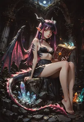 Demon Girl Reading Ancient Magic Tome