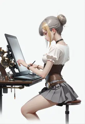 Steampunk Artist at Her Digital Canvas