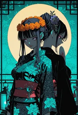 Dual Spirits in Moonlight Kimono
