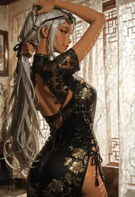 Elegant Silver Haired Beauty in Cheongsam