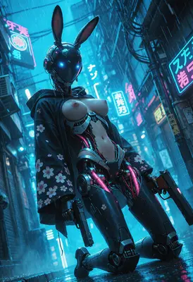 Cybernetic Bunny Assassin in Neon Rain