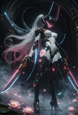 Cybernetic Horned Warrior with Glowing Blades
