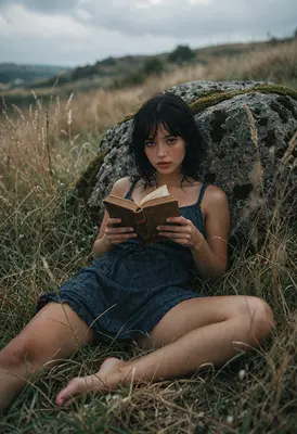 Girl Reading Beside a Mossy Rock