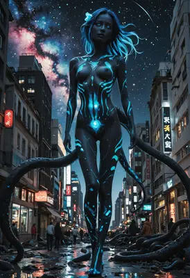 Cosmic Entity Walking Through City Streets
