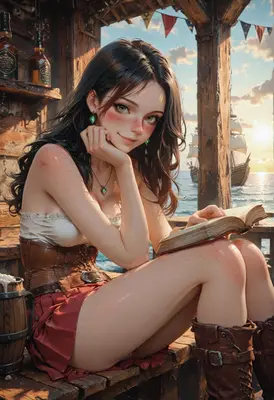Pirate Maiden Reading by the Harbor