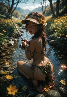 Sunlit Stream Fishing Maiden