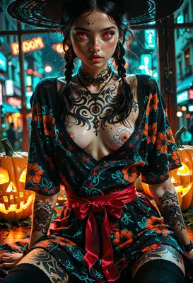 Neon Halloween Witch with Floral Tattoos