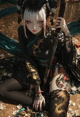 Tattooed Warrior with Golden Dragon Blade