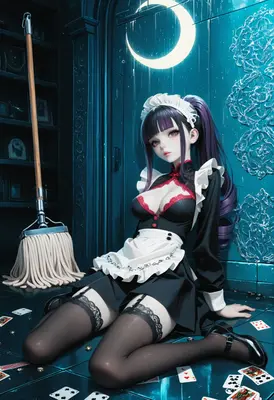 Midnight Maid Resting Amidst Playing Cards