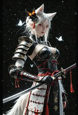 Warrior Kitsune with Katana and Butterflies