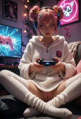 Cozy Pink Haired Gamer Girl