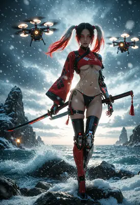 Cybernetic Ronin Amidst Snowy Tides