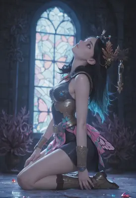 Butterfly Princess Kneeling in Stained Glass