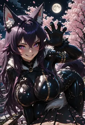 Moonlit Wolf Girl Under Cherry Blossoms