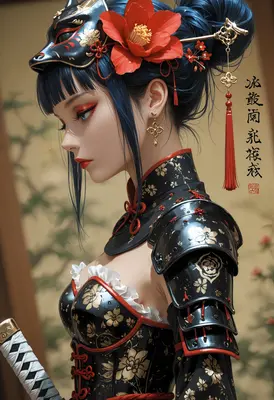 Elegant Samurai Maiden in Floral Armor