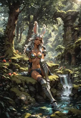 Rabbit Knight Resting by the Waterfall