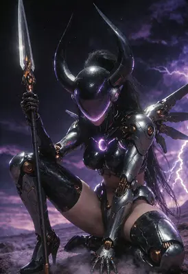 Cyborg Valkyrie Kneeling Under Stormy Skies