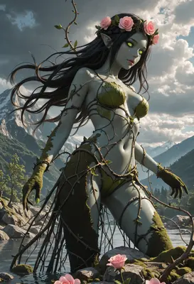 Ethereal Dryad Amidst Mountain Peaks