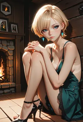 Serene Blonde Beside the Fireplace