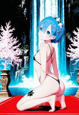 Rem Posing Before the Azure Waterfall