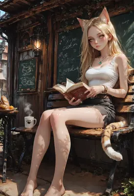 Cat Girl Reading on a Bench