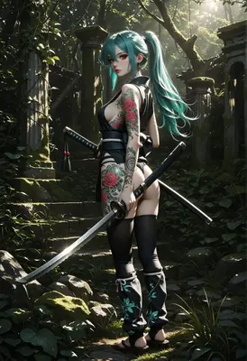 Tattooed Samurai in Ancient Forest Ruins